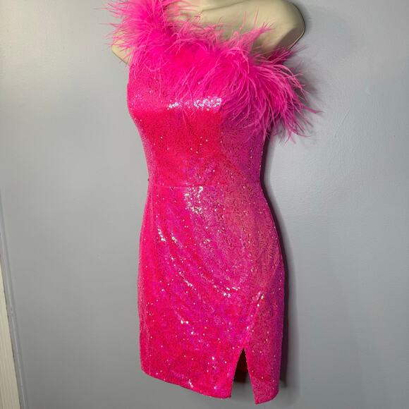 Colors Dress Style #3016 Mini Dress Hot Pink Sequin/Feather One Shoulder Sz 2 - Picture 5 of 13